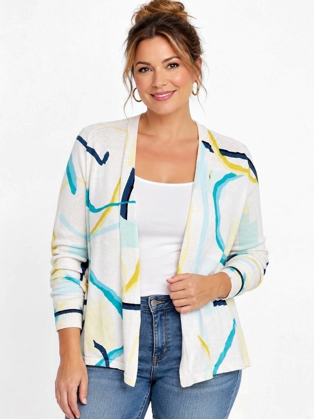 Chico’s Abstract Print Open Front Cardigan Sweater Size 1 US M Blue White Yellow